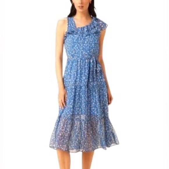 Amour Vert Dresses & Skirts - Amour Vert Women’s XS Blue Floral Ruffled Tiered Sleeveless Midi Silk Dress
